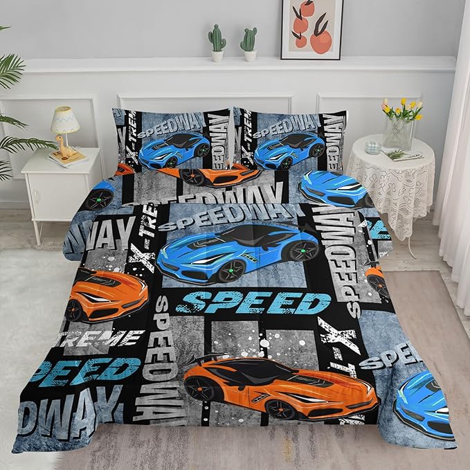 Datura home Sports Car Comforter Set Vintage Racing Car Printed Quilt Bedding Set with 1 Comforter and 2 Pillowcases for Boys and Girls Bedroom All Season(Sports Car Queen)