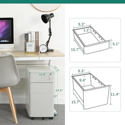 YITAHOME 3-Drawer Metal Filing Cabinet Office Drawers with Keys, Compact Slim Portable File Cabinet, Pre-Built Office Storage Cabinet for A4/Letter/Legal (Gray and White)