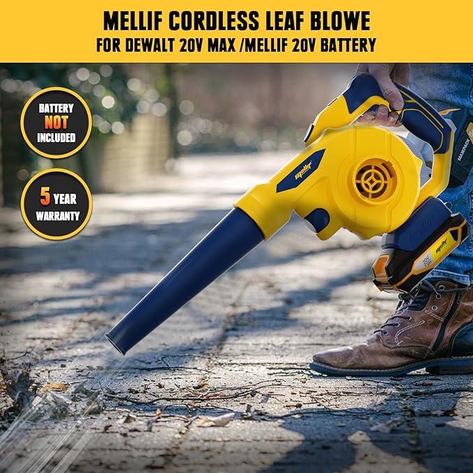 Mellif Leaf Blower for Dewalt 20V MAX Battery(No Battery), Rotatable Brushless Blower/Cordless Vacuum Cleaner/Air Pump for Inflatables, 6 Variable Speed, 180° Adjustable Blower Tube, for Lawn/Yard