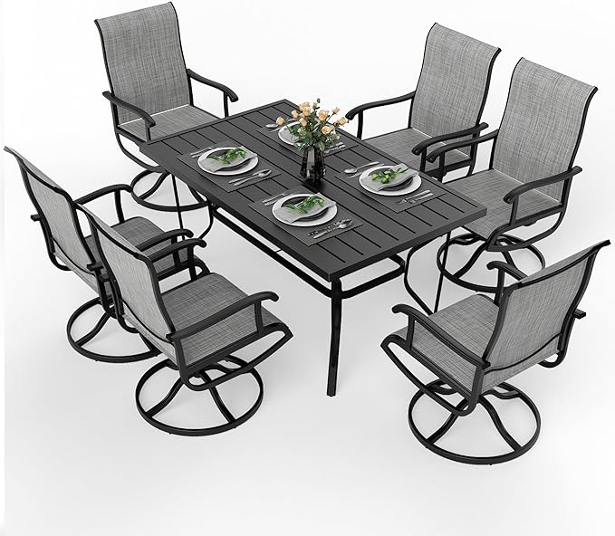 Pamapic 7 Pieces Patio Dining Set, Outdoor Dining Set All-Weather for Backyard Poolside Garden Deck, Modern Outdoor Table and Chairs Set with 6 Textilene Swivel Chairs,Gray