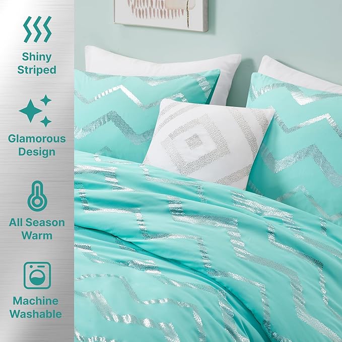 Codi Metallic Teal and Silver Comforter Set, Full/Queen Size, Cute Aqua Turquoise Bedding Sets, 4 Piece (2 Matching Sham + 1 Decorative Pillow)