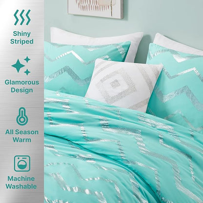 Codi Metallic Teal and Silver Comforter Set, Full/Queen Size, Cute Aqua Turquoise Bedding Sets, 4 Piece (2 Matching Sham + 1 Decorative Pillow)