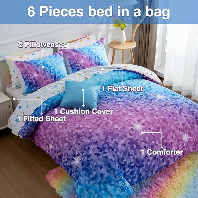 A Nice Night 6Pcs Gradient Abstract Art Grid Mosaic Geometric Bedding Set for Girls, Colorful Rainbow Galaxy Comforter Set, Ultra Soft Bedding Sets (PinkBlue,Full 6Pcs)