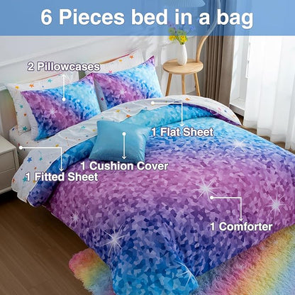 A Nice Night 6Pcs Gradient Abstract Art Grid Mosaic Geometric Bedding Set for Girls, Colorful Rainbow Galaxy Comforter Set, Ultra Soft Bedding Sets (PinkBlue,Twin 6Pcs)