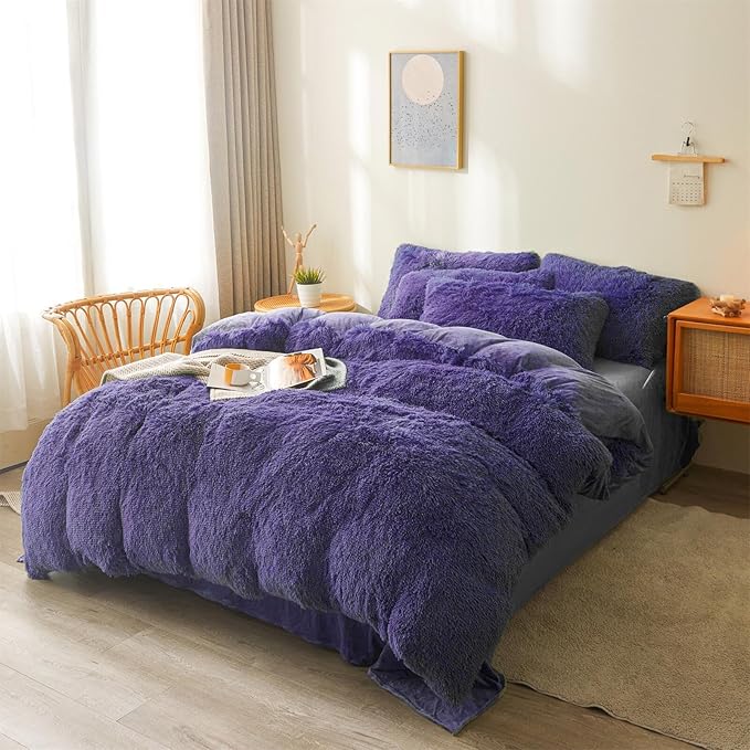 Fluffy Faux Fur navy blue Comforter Cover Set Queen - Ultra Soft Plush navy blue Bedding Sets 3 Pieces (1 fluffy duvet cover + 2 Faux Fur Pillow case) Cute navy blue Bed Set (Dark Blue, Queen)