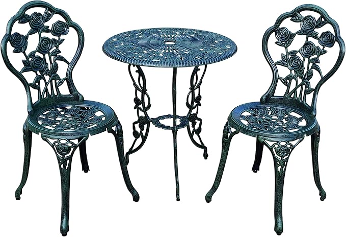 Oakland Living Cast Aluminum Conversation Metal Antique 3 Piece Patio Rose Bistro Set, Verdi Green