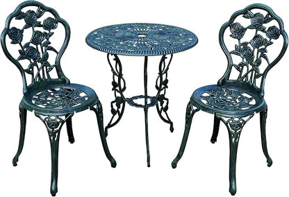 Oakland Living Cast Aluminum Conversation Metal Antique 3 Piece Patio Rose Bistro Set, Verdi Green