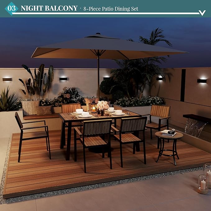 Pamapic 8-Piece Patio Dining Set，Outdoor Aluminum Furniture Set with Plastic-Wood Table Top,Outdoor Furniture Set with 6 Outdoor Stackable Chairs for Patio Garden Poolside，Walnut