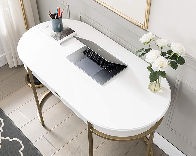 Leick Home 85405 Home Office Computer Desk with Dropfront Keyboard Drawer, Furniture, Cottage White/Gold
