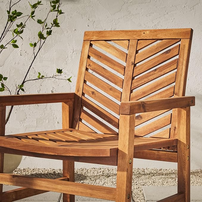 Walker Edison 2 Piece Outdoor Patio Chevron Wood Chair Set All Weather Backyard Conversation Garden Poolside Balcony, Set of 2, Brown