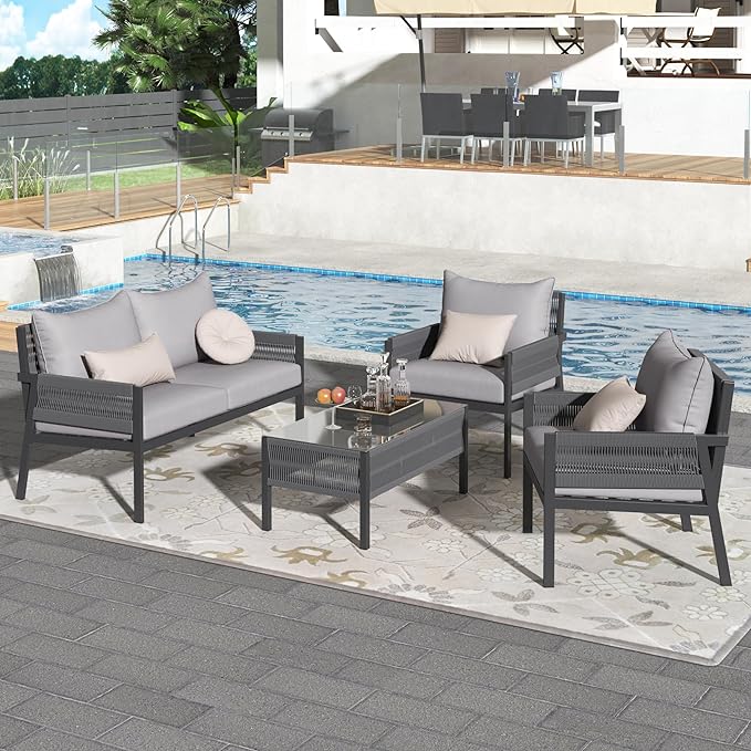 4-Piece Patio Conversation Furniture Set, Rope Weave Outdoor Loveseat Sofa with 2 Armchairs, Thick Cushion&Tempered Glass Table, for Garden Backyard, Onesize, Gray