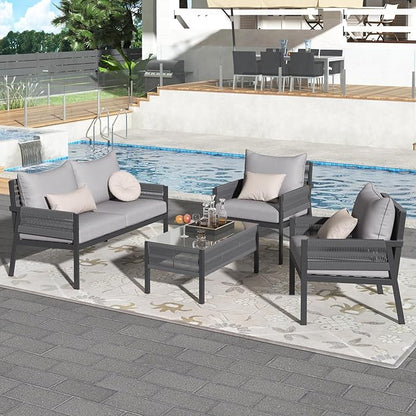 4 Piece Patio Furniture Set, Outdoor FSC Certified Acacia Wood Conversation Set, All-Weather Rope Sofa Set w/Tempered Glass Table, Loveseat for Lawn Balcony Poolside, Backyard, Backyard