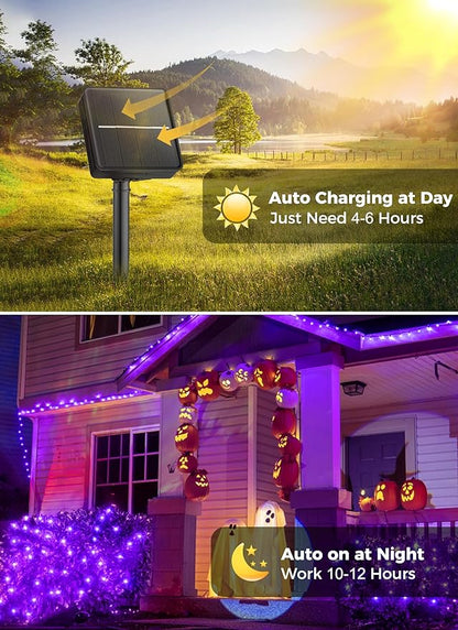 Minetom 2 Pack Solar Halloween Lights Outdoor, Total 80FT 200 LED Halloween String Lights with 8 Modes, Halloween Decoration Outdoor, Waterproof Solar String Lights for Outside Tree Yard Party, Purple