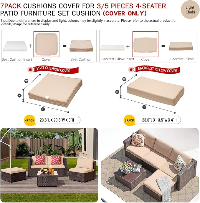 ClawsCover 7Pack Outdoor Seat and Back Cushions Replacement Covers Fit for 3/5 Pieces 4-Seater Wicker Rattan Patio Furniture Conversation Set Sectional Couch,Light Khaki-Small (Include Cover Only)