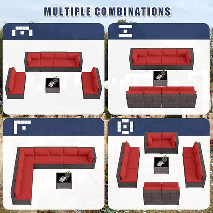 Patio Furniture Set 9-Pieces Outdoor Furniture for Backyard Wicker Sectional Sofa Set, Rattan Patio Conversation Set with Thickened Cushions and Glass Coffee Table, Red