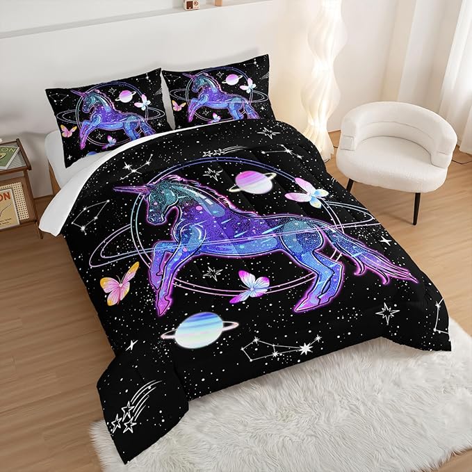 HOSIMA Unicorn Bedding Sets for Girls Kids,Butterfly Star Empty Galaxy Comforter,Unicorn Bedroom Decor for Girls Boys,Soft Black Comforter Full Size Bed in a Bag Set,Butterfly Crib Bedding Set.