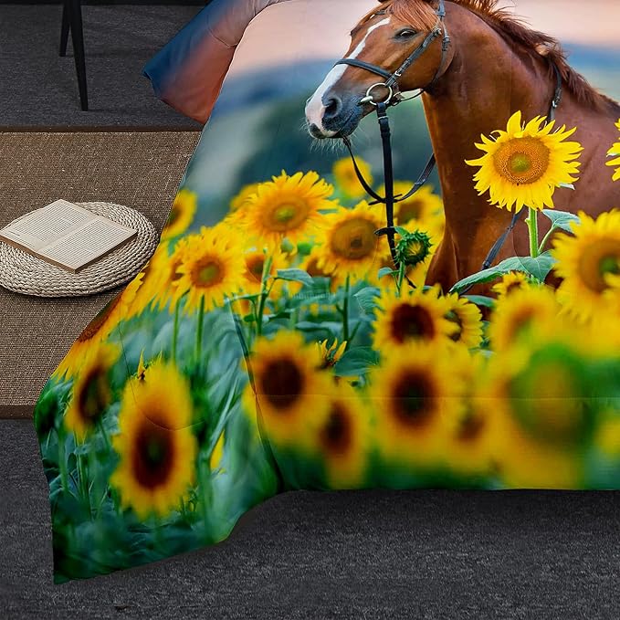 NINENINE Horse Comforter Bedding Set Twin for Boys Teens,Horse Walking Among Sunflowers Pattern Printed Bedding Set,Sunflower Comforter Set,Soft Microfiber Quilt Set with Matching Pillowcase#5002