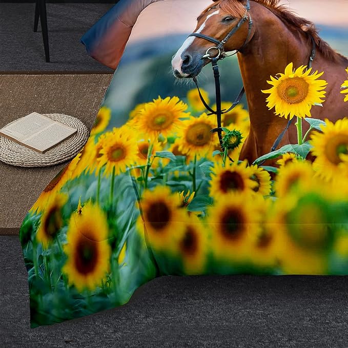 NINENINE Horse Comforter Bedding Set Full for Boys Teens,Horse Walking Among Sunflowers Pattern Printed Bedding Set,Sunflower Comforter Set,Soft Microfiber Quilt Set with Matching Pillowcase#5002