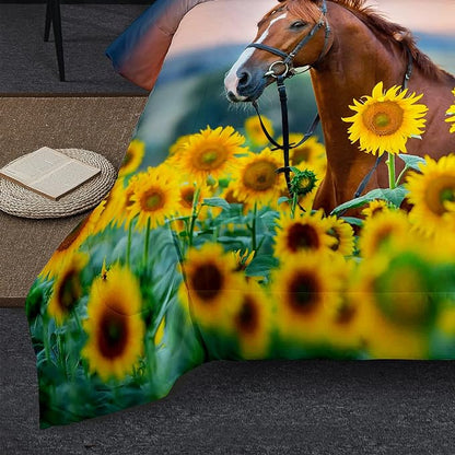NINENINE Horse Comforter Bedding Set Full for Boys Teens,Horse Walking Among Sunflowers Pattern Printed Bedding Set,Sunflower Comforter Set,Soft Microfiber Quilt Set with Matching Pillowcase#5002