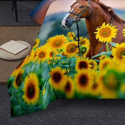 NINENINE Horse Comforter Bedding Set King for Boys Teens,Horse Walking Among Sunflowers Pattern Printed Bedding Set,Sunflower Comforter Set,Soft Microfiber Quilt Set with Matching Pillowcase#5002