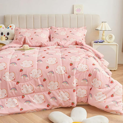 Mooreeke Bed in a Bag for Kids Girls Teens, 5 Pieces Twin Size Comforter Bed Set with Shams, Sheet Set, Rainbow Cloud Strawberry Pink Super Soft Microfiber Kids Comforter Bedding Set