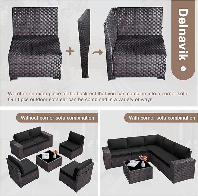 Patio Furniture Set Sofa 6-Pieces Wicker Sectional Sofa Set, Outdoor Furniture Rattan Patio Conversation Set with Thickened Cushion and Glass Coffee Table, Black