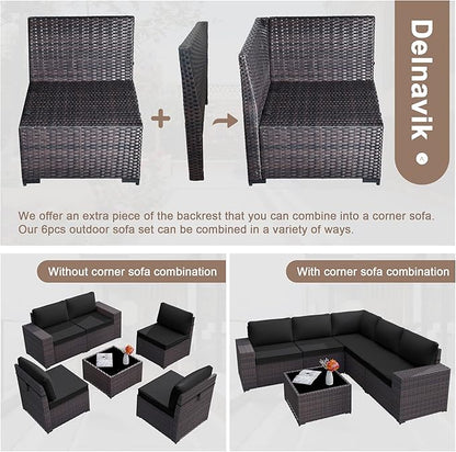 Patio Furniture Set Sofa 6-Pieces Wicker Sectional Sofa Set, Outdoor Furniture Rattan Patio Conversation Set with Thickened Cushion and Glass Coffee Table, Black