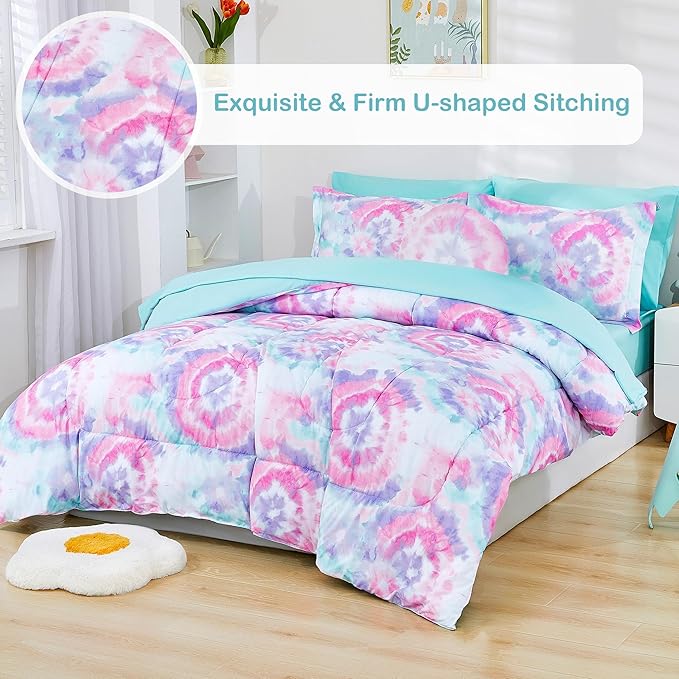 Mooreeke Tie Dye Kids Comforter Bed Set Full Size for s Girls, 8 Pieces Bed in a Bag with Shams, Sheet Set, A Toy Pillow Dark Pink Round Flower Full Soft Microfiber Kids Comforter Bedding Set