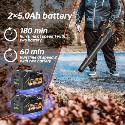 Leaf Blower Cordless - 500CFM 150MPH Brushless Electric Leaf Blower with Battery and Charger, 20V 2 packs 5.0 Ah Battery Powered Leaf Blower, for Lawn Care Yard Porch Driveway Patio Clean