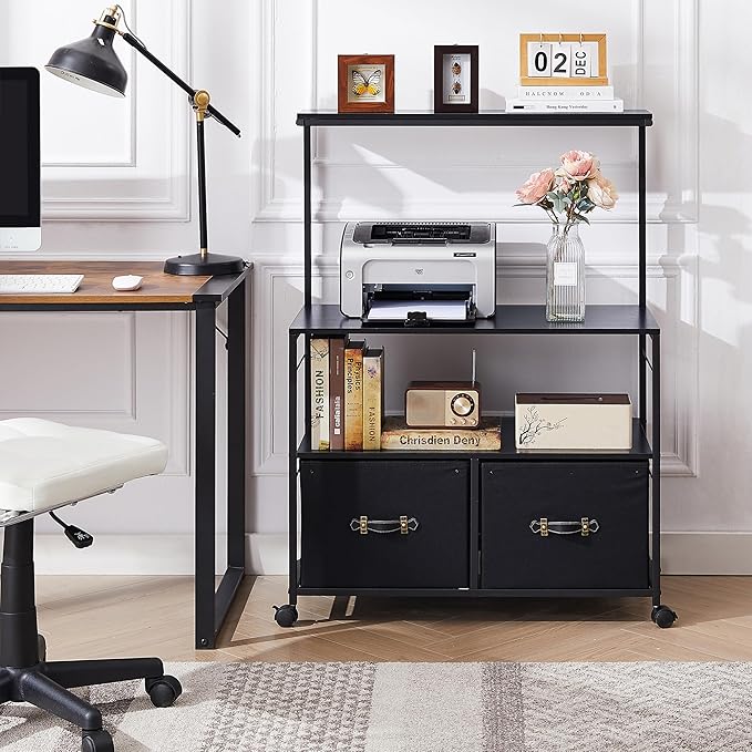 VECELO Mobile Lateral File Cabinet Rolling Printer Stand with 3 Open Storage Shelf, Ideal for Letter Size Folders, with Lockable Casters, Strong Steel Frame, Perfect for Office, Black, 2 Drawer