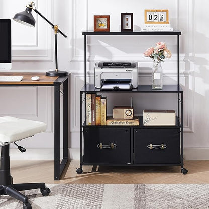 VECELO Mobile Lateral File Cabinet Rolling Printer Stand with 3 Open Storage Shelf, Ideal for Letter Size Folders, with Lockable Casters, Strong Steel Frame, Perfect for Office, Black, 2 Drawer