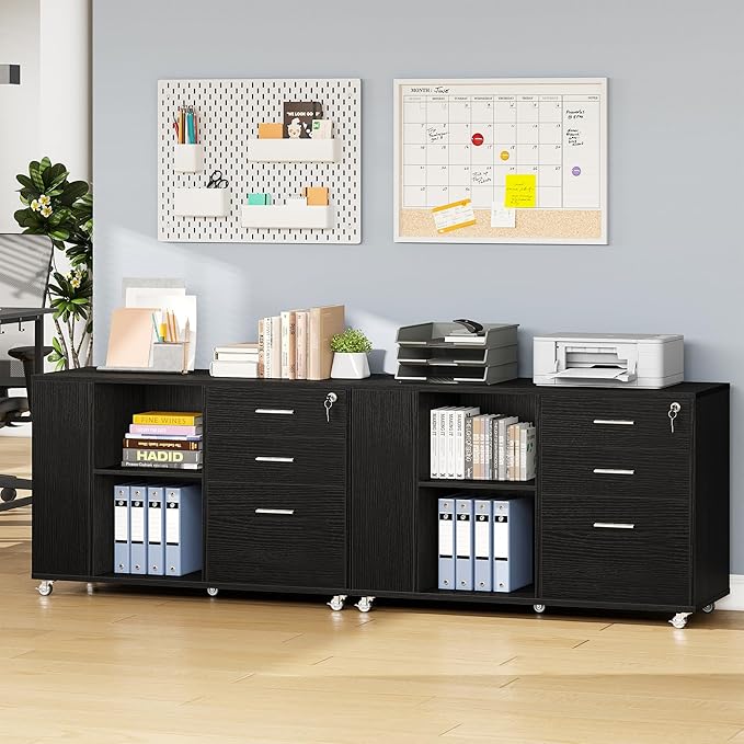 YITAHOME Mobile Wood File Cabinet, 3 Drawer Lateral Filing Cabinet, Black