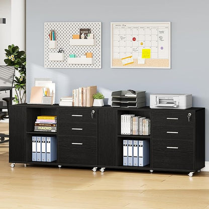 YITAHOME Mobile Wood File Cabinet, 3 Drawer Lateral Filing Cabinet, Black