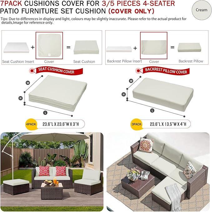 ClawsCover 7Pack Outdoor Seat and Back Cushions Replacement Covers Fit for 3/5 Pieces 4-Seater Wicker Rattan Patio Furniture Conversation Set Sectional Couch,Cream-Small (Include Cover Only)