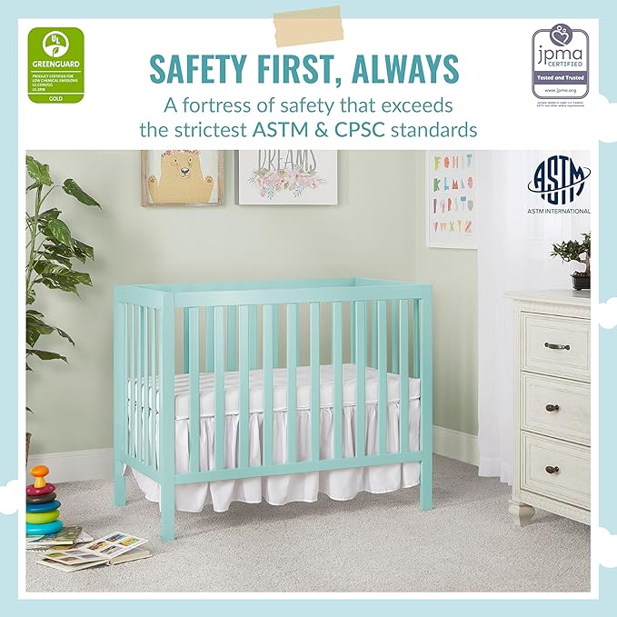 Edgewood 4-In-1 Convertible Mini Crib In Mint, JPMA Certified, Non-Toxic Finish, New Zealand Pinewood, With 3 Mattress Height Settings, Included 1" Mattress Pad