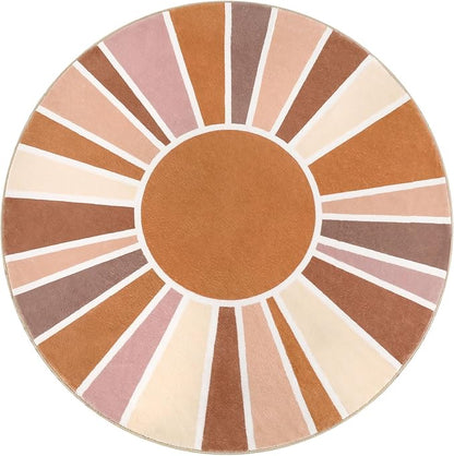 Topotdor Sun Rainbow Round Rug 5.2ft Boho Kids Nursery Rug, Colorful Washable Area Rug Ultra Soft Circle Classroom Rug Non-Slip for Bedroom Living Room Playroom Decor, Orange