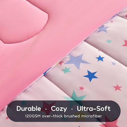 SLEEP ZONE Jersey Knit Pink Comforter Set Twin Size, Breathable & Soft Kids Bedding Set 2-Piece with Comforter, Pillowcase (Colorful Stars, Twin)