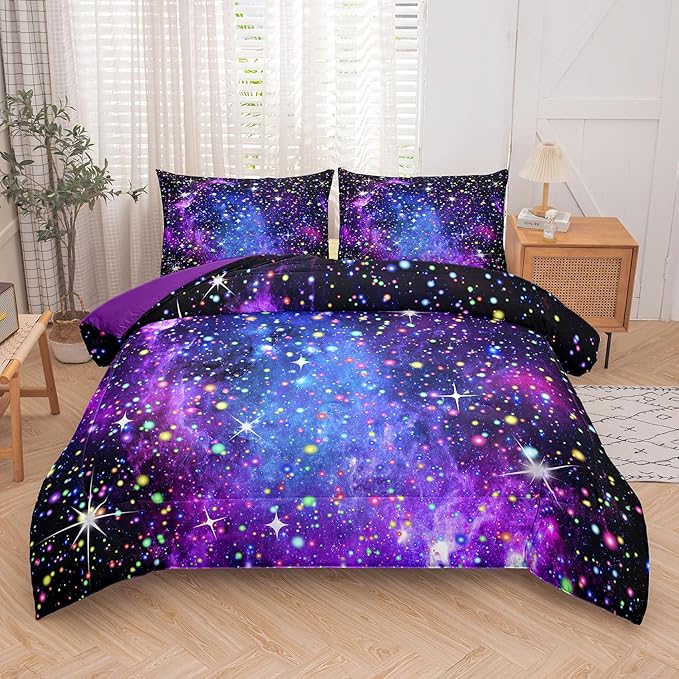 Kids Comforter Sets for Teen Girls, Purple Blue Galaxy Glitter Bedding Set for All Season, Purple Twin Bedding Sets for Kids Boys (Twin, 2 Pieces)