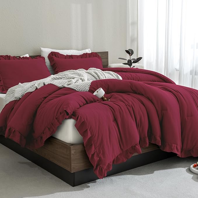Andency Burgundy Twin Size Comforter Set for Kids Girls, 2 Pieces Solid Shabby Chic Ruffle Bedding Comforters & Sets, Soft Cozy Lightweight Down Alternative Twin Bed Set for All Season