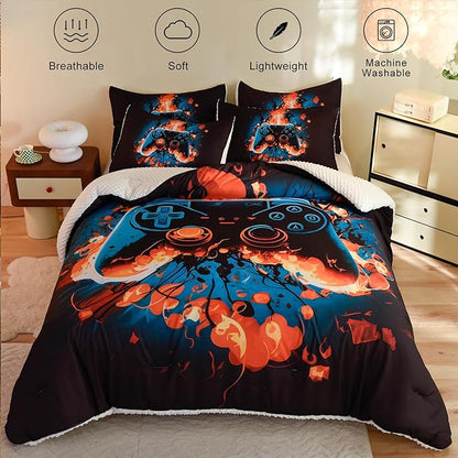 Video Game Queen Size Comforter Set for Boys Kids Teens Gamepad Gaming Controller and Fire Pattern Bedding Set- 3 Piece Quilt with 2 Pillowcases (90"x90")