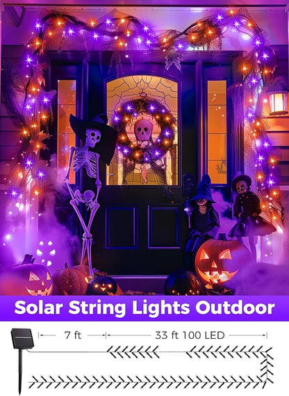Minetom 2 Pack Solar Halloween Lights Outdoor, Total 80FT 200 LED Halloween String Lights with 8 Mode,Halloween Decoration Outdoor, Waterproof Solar String Lights for Outside Tree Yard,Orange & Purple
