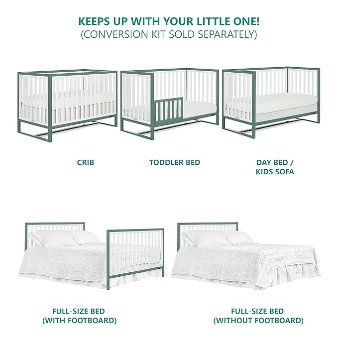 Arlo 5-in-1 Convertible Crib in Jungle Green, JPMA Certified, 3 Mattress Height Settings, Non-Toxic Finish, Made of Sustainable and Sturdy Pinewood