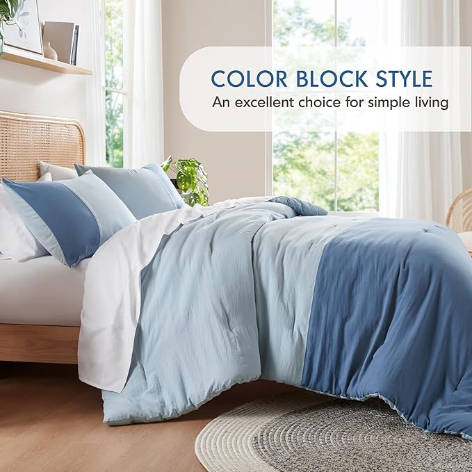 Blue Twin Comforter Set - Modern Soft Farmhouse Bedding for Teen Boys, Kids Colorblock Pattern Bed Sets for All Season, 2 Pieces includes 1 Comforter, 1 Sham (66"x 90")