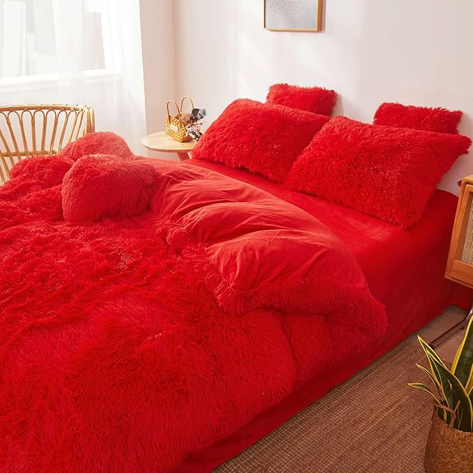 FOPPA Red fluffy Comforter Cover Set king- Ultra Soft fluffy Red Bedding Sets 3 Pieces (1 Duvet Cover + 2 Pillow case) pink fluffy bed set (Red, King)