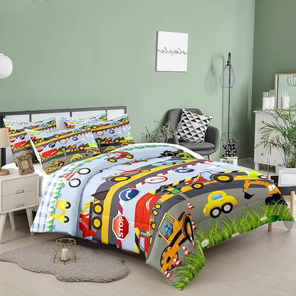 Tailor Shop Construction Vehicle Truck Comforter Set Queen Size，Cartoon Excavator Bedding Sets Comforter Cover for Boys Childs Kids Teens ，Tractor Mixer Room Decor with 1 Comforter 2 Pillowcases