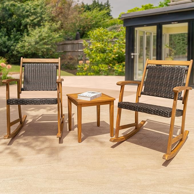 Solid Wood Chairs Set of 2 with End Table, Wicker Rocking Design