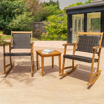 Solid Wood Chairs Set of 2 with End Table, Wicker Rocking Design