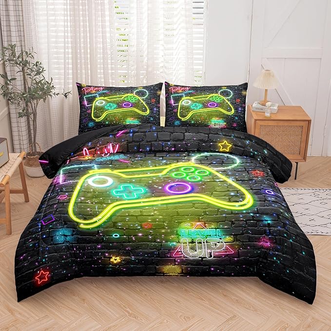 Boys Queen Size Bedding Set, 3 Pieces, Gamepad 08, Includes 1 Comforter & 2 Pillowcases
