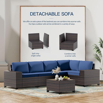Kullavik 6PCS Outdoor Patio Furniture Set PE Wicker Rattan Sectional Sofa Patio Conversation Sets,Navy blue