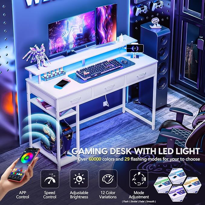 Computer Desk with Drawers and Storage Shelves, Home Office Desk with LED Lights & Power Outlets, Gaming Desk with Monitor Stand, Writing Study Desk, Kids Small Desk for Bedroom, White